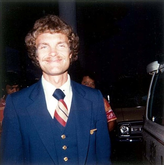 1970s Pan Am flight attendant outside airport terminal Guam